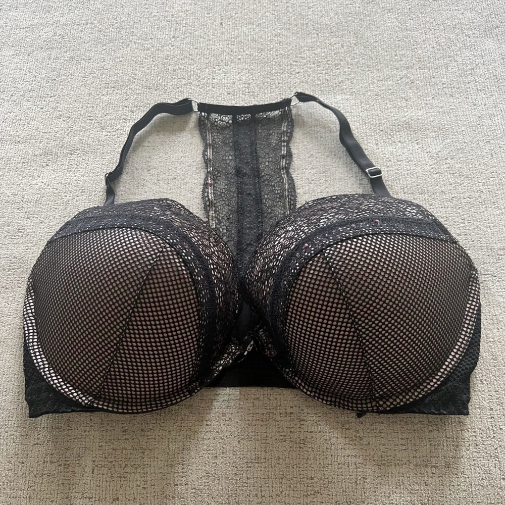 Victoria's Secret Very Sexy Push-Up Bra 36DD Black Fishnet Lace Racerback
